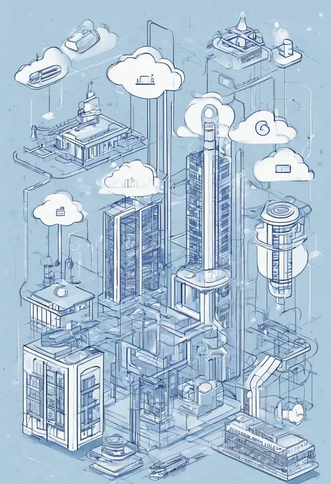 Blueish, hi-tech Industrial IOT hologram in Cloud connect to ERP