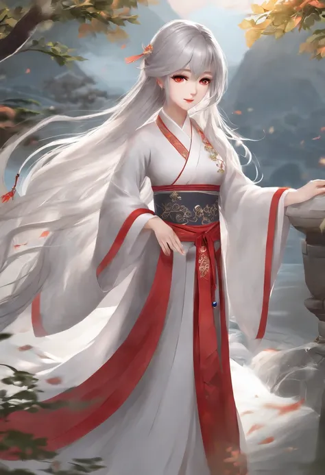 masterpiece, best quality, 1girl, solo, long hair, looking at viewer, smile, bangs, hair ornament, red eyes, long sleeves, dress, standing, collarbone, white hair, grey hair, alternate costume, wide sleeves, tree, chinese clothes, hairpin, hanfu, ningguang...