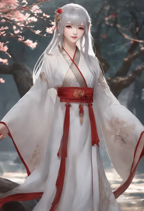 masterpiece, best quality, 1girl, solo, long hair, looking at viewer, smile, bangs, hair ornament, red eyes, long sleeves, dress, standing, collarbone, white hair, grey hair, alternate costume, wide sleeves, tree, chinese clothes, hairpin, hanfu, ningguang...