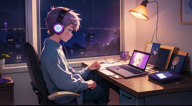 A little boy sitting at his desk listening to music wearing headphones，Look out the window at night，Relaxing and comfortable atmosphere in a night bedroom setting，Purple mood lights