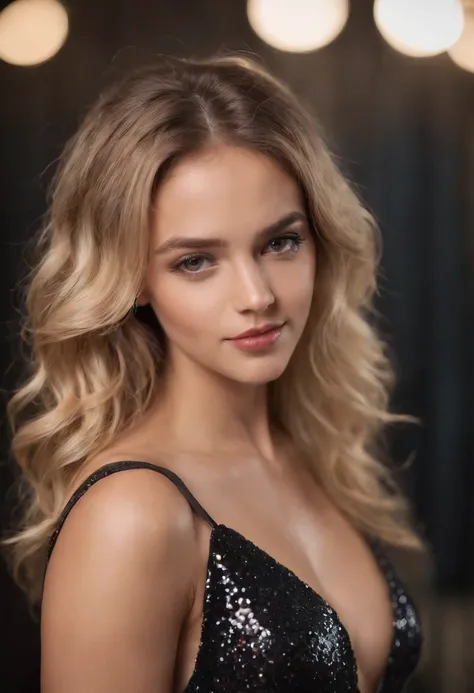 Sexy woman, 20 years old, Slim, sport, Tanned skin, Big breasts, Narrow waist, curly blond hair, Instagram model, Realistic, instagram picture, Photography, realisitic, Natural. Dancing at a party, black sequin dress, V neck, background showing people