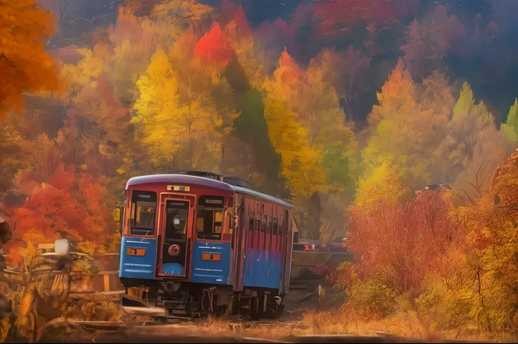 The tree々Alafed train on the tracks in the background, autumn season, Colored leaves, Bright autumn leaves, autum, Colored leaves, japan rural travel, rich picturesque colors, beautiful wallpaper, HD wallpaper, high-quality wallpaper, Autumn colors, Vivid ...