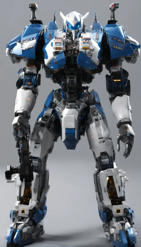 Raw photo、8K、hiquality、Photorealsitic、​masterpiece、awardwinning、a cool、Strong、(((Giant humanoid vehicle、Total height 18 meters、Humans board and move、Cockpit hatch in the abdomen、A pair of left and right exhaust ducts on the chest、White gray and navy blue c...