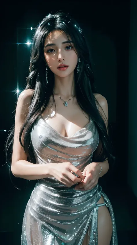 (4K:2.0), (ultra hd), Masterpiece, ((1girl)), beautiful face, (glowing face:1.5), detailed eyes, (ultra long flowing hair:1.5), (black and silver mixed hair color:1.2), crystal hair ornaments, earrings, necklace, (very beautiful:1.5), silver dress, ((glowi...