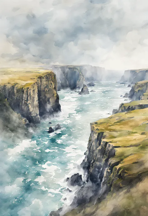 A breathtaking aerial view of Icelands rugged coastline, with towering cliffs and crashing waves, rendered in a dreamy watercolor style.