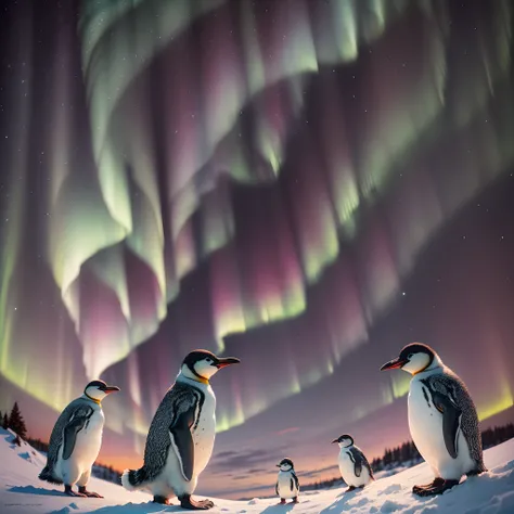 Aurora Borealis and Penguins, masterpiece, super detail, best quality --auto --s2