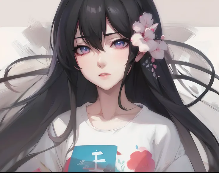 Anime girl with long black hair and white shirt with blue cross, Anime Girl with Long Hair, guweiz, anime style 4 k, artwork in the style of guweiz, Anime Girl, Beautiful anime girl, Beautiful Anime Portrait, (Anime Girl), profile of anime girl, Portrait A...