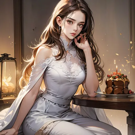 Masterpiece, (High quality1.4), Best quality, HD, (Realistic1.4), Perfect lighting, Detailed body,（Birthday dinner 1.5）,  The heroine has long chestnut hair, white dresses， The face is full of anger。