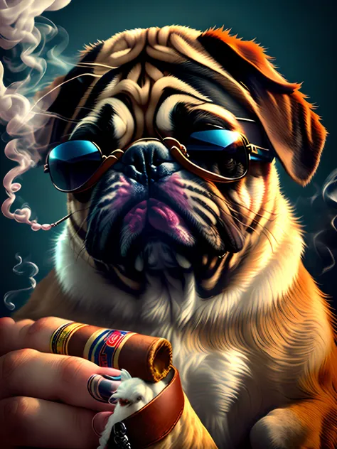 Pug smoking a cigar wearing sunglasses