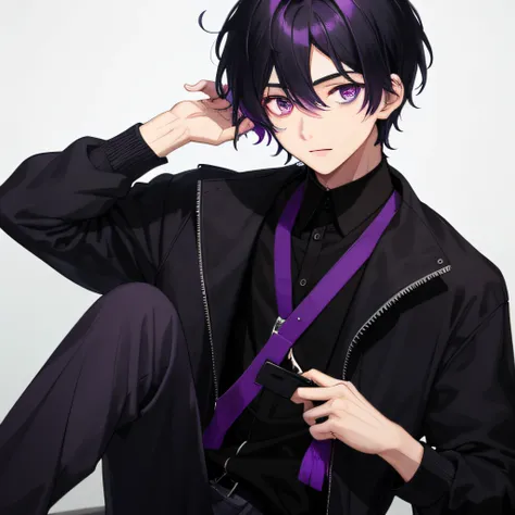 1boys，Black hair，Purple pick dye，Purple-eyed