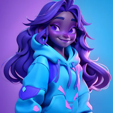 black young woman,Noble, brown、long hair flowing with the wind,eyes gentle, Short purple,silk,doress, Clear smile, Wearing the hoodie hood deeply。, bangss, Tom Light Blue, purple, full bodyesbian , Evokes lightness and euphoria.Porch of the house