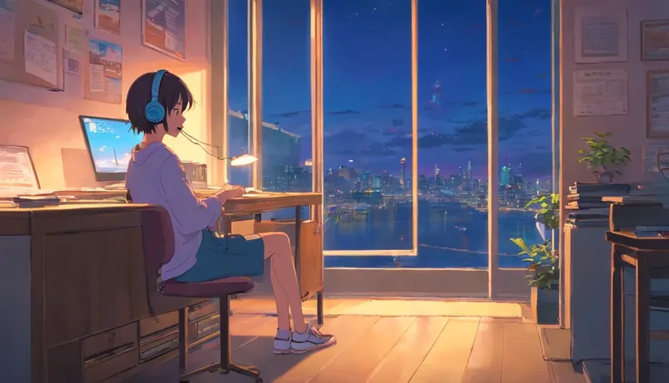 portlate、512、Lo-Fi(Lo-Fi)、Girl sitting on a chair with headphones on、Take a nap at your desk、eyes closed、City view outside the window、Early evening、Pastel colors、Painting