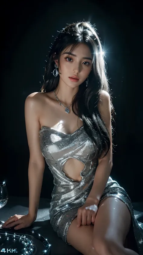 (4K:2.0), (ultra hd), Masterpiece, ((1girl)), beautiful face, (glowing face:1.5), detailed eyes, (ultra long flowing hair:1.5), (black and silver mixed hair color:1.2), crystal hair ornaments, earrings, necklace, (very beautiful:1.5), silver dress, ((glowi...