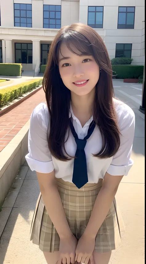 Very detailed 8k wallpaper)、foco nítido、in detail、Drama、Delicate and beautiful schoolgirl、sixteen years old、Sheer white shirt、Quite short skirt、ligh brown hair、hair adornments、Beautiful and sexy、A smile、Peek at the viewer、Beautiful graphics、Bright school b...