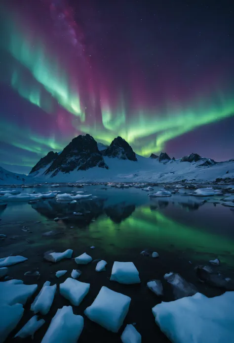 A mystical and otherworldly scene in Greenland, with the northern lights dancing in the sky above a frozen tundra, creating a stunning display of colors and shapes.