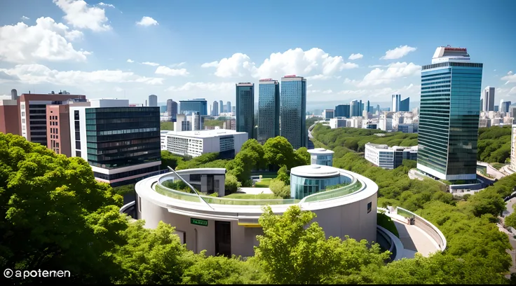 There is a circular building in the middle of the cityscape, There are green trees next to the building