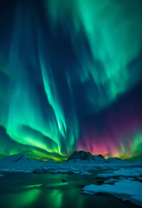 a mystical and otherworldly scene in greenland, with the northern lights dancing in the sky above a frozen tundra, creating a st...