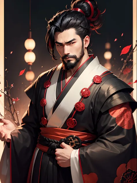 japanese man, updo black hair, light bearded, wesring black and red kimono, anime style