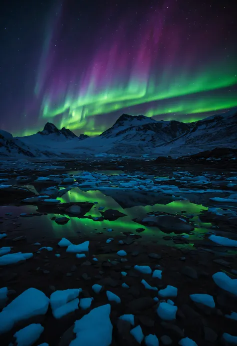 a mystical and otherworldly scene in greenland, with the northern lights dancing in the sky above a frozen tundra, creating a st...