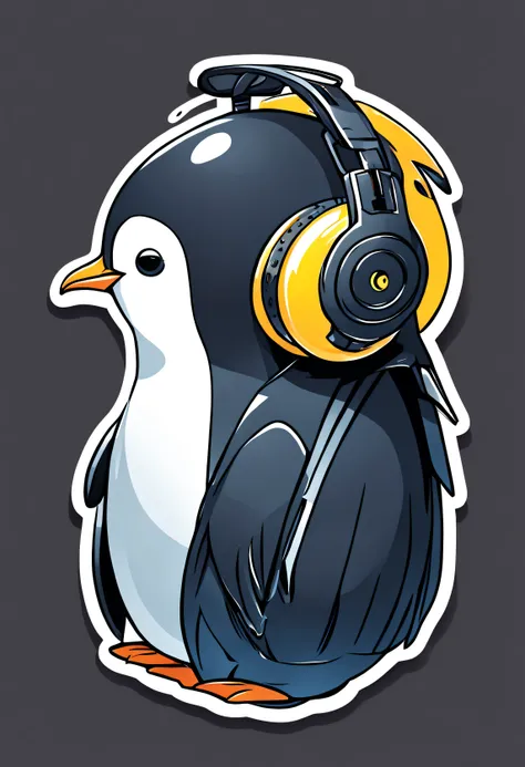 (((a sticker)))、((simple))、((Colors are white and black))、Illustration Design、Vector image、penguin、cyberpunked、headphones