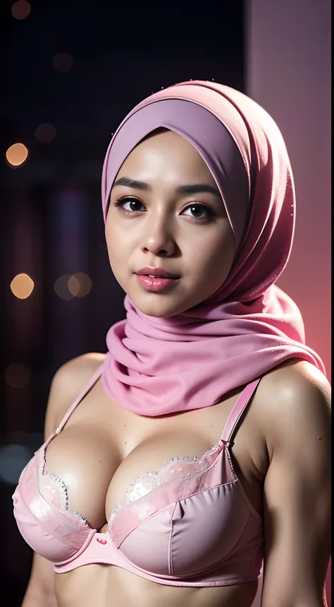 1 malay girl , modern plain hijab,  shy, medium portrait shot , watery  eyes , pink glowing particles, wear pastel pink lingerie,(( big breast)), pink light bokeh background, proportional body,