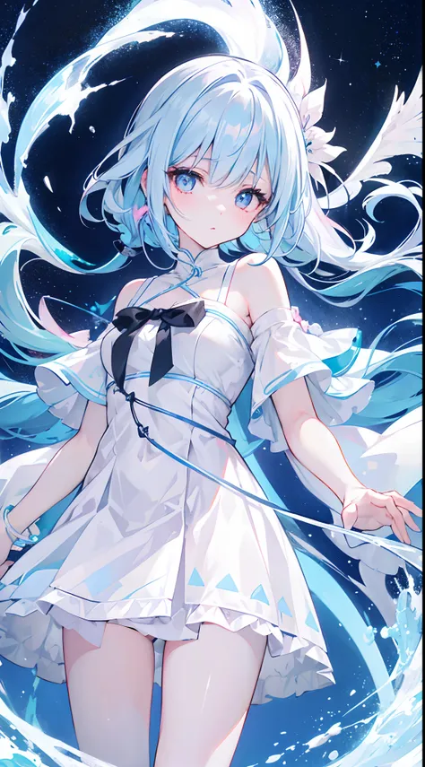 long baby blue hair，Pink eyes，Loving pupils，Medium build，girl，White off-the-shoulder short sleeves，，black short skirt，white stockings，Winters。Ice tree，Frozen，looking at the stars，Reach out and touch the sky，A sad expression，Meteors streak across