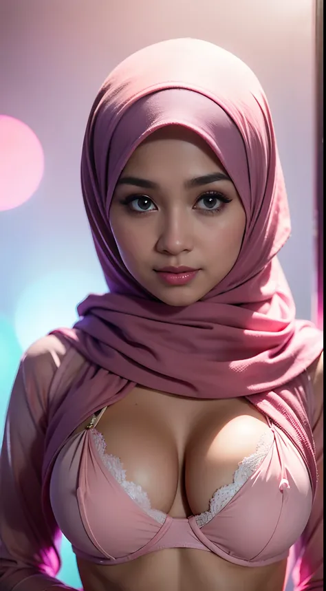 1 malay girl , modern plain hijab,  shy, medium portrait shot , watery  eyes , pink glowing particles, wear pastel pink lingerie,(( big breast)), pink light bokeh background, proportional body,