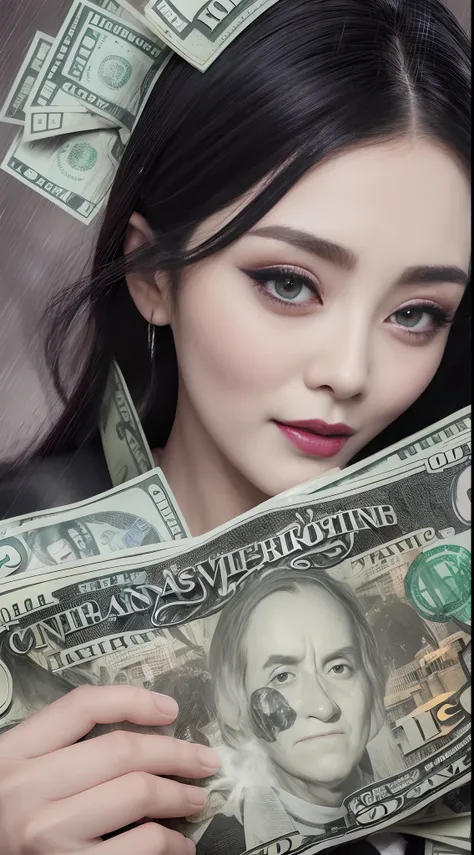 gothic grinning cheekily Fan BingBing holding a stack of dollar bill cash burning into ashes, transfer between two smartphones, rain of money background, close up, photorealistic, hyperrealism, professional photography, DSLR, HDR