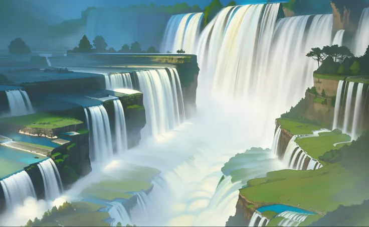 Alafid view of the waterfall，A bird flies over it, huge waterfalls, huge waterfalls, Waterfalls, floating waterfalls, an endless waterfall, Huge waterfall, high waterfalls, (waterfallr), waterfallr, several waterfalls, in stunning digital paint, Cascade, m...