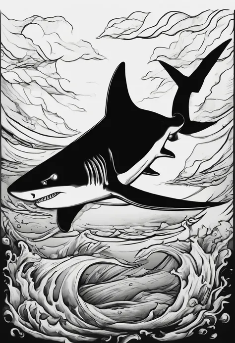 /imagine prompt: shark illustration for a sticker with a black background, in bold outline style, jagged edges, trashcore, light shading --v 5.2