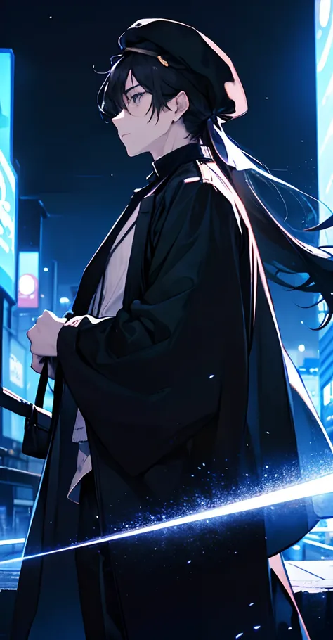 a man wearing a black long flowing jacket, oversized sleeves, over the shoulder pose, baker boy cap, long black hair, man in his 20s, cool, black shoulder bag, wind, serious expression, city background, looking up at sky, standing still, night time, beauti...