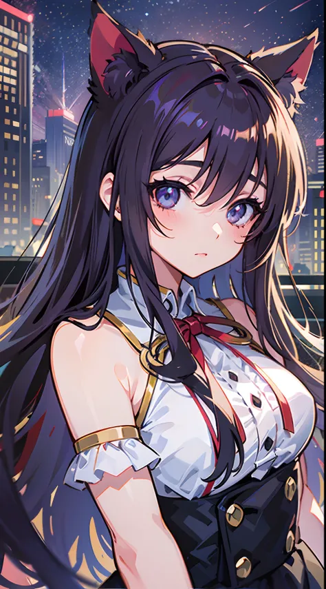 ((Best Quality, 8K)) Anime girl with long hair and cat ears standing in front of the city, Rin Tosaka, anime moe art style, anime style like Fate/stay night, anime girl with long hair, very cute anime girl face, nightcore, from the front line of girls, cut...