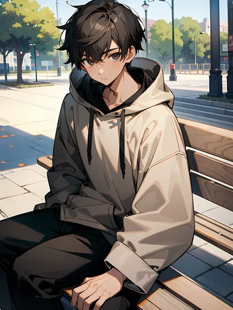 1 boy, Light brown skin, grey eyes, black hair, wearing black andred hoodie, sitting on a park bench, looking at viewer