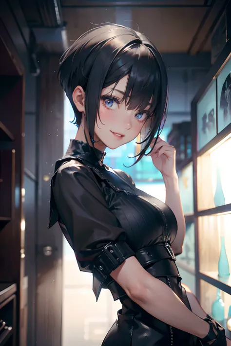 a 20 yo woman、Black blue Hair、Bery short hair、Big smile、(hi-top fade:1.3)、dark themed、Muted Tones、Subdued Color、highly contrast、(natural skin textures、Hyper-Realism、Soft light、sharp)