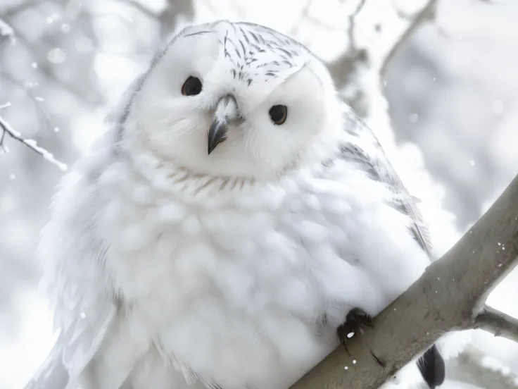 a white bird sits on a tree branch, frosty white eyes, fluffy face, smug look, close-up of snowy owl face, the cutest creature i...