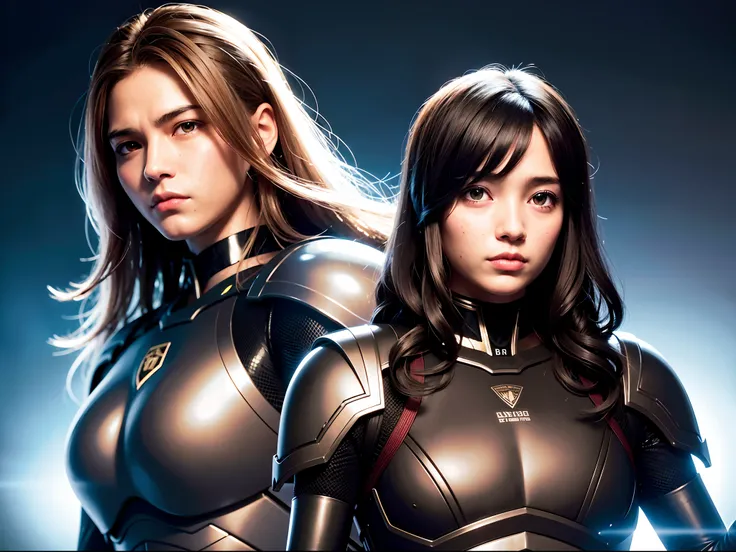 Big black eyes, Aura, light brown long wavy hair, Black and blue sci-fi armor, Sci-fi style, High quality, atmosphere, War