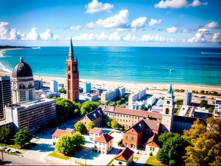 Mini(tpose), (8K, RAW photo, Best quality, Masterpiece:1.2), Colorful background, Clean background, Depth of field, City, Tall structures, Miniature, landscape, isometry,in Crystal ball, 16:9, beach, Waves