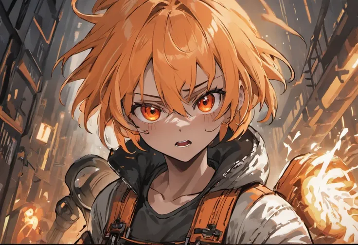 White color hair，short detailed hair，Libido boy，Dark  skin，orange eyes，There is a scar on the bridge of the nose，Mechanical craftsman，Windproof eyepieces are worn on the head，White-orange overalls