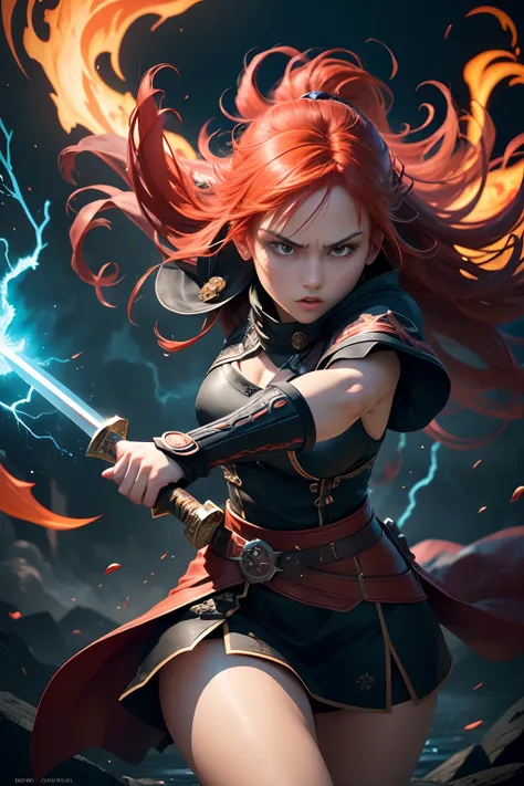 A girl with blazing red hair and fierce, glowing eyes, fierce facial expressions, gripping a katana in her hands with intense focus. The atmosphere around her is filled with dark, stormy clouds and crackling lightning, emphasizing her anger and power. The ...