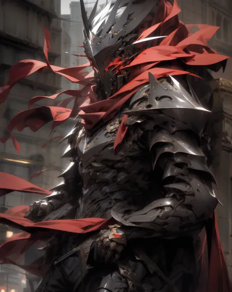 arafed knight with a sword and a red cape in a city, style of raymond swanland, ares with heavy armor and sword, inspired by Raymond Swanland, black and red armor, gothic knight, knight armored in red, blood knight, unreal engine fantasy art, anthropomorph...