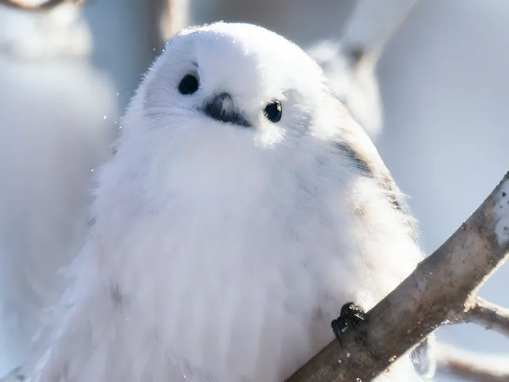 a white bird sits on a tree branch, frosty white eyes, fluffy face, smug look, close-up of snowy owl face, birb, the cutest crea...