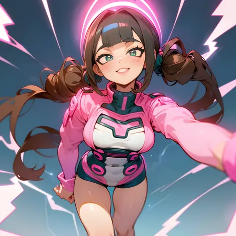 ((bust only view)). Y2K clothes ((bimbo)). Female. Dark brown hair((Long Twintails))((blunt bangs)). Tan skin((Hispanic)). Hero outfit((electricity themed))((hot pink))((white fuzzy accents)). Luscious pink lips.Smiling face. Small chest. Big thighs.((18)....