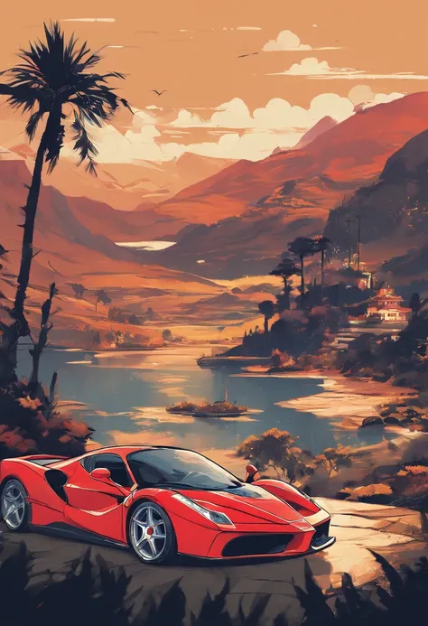 T-shirt design, genshin impact graphic, vector, a ferrari enzo with a scenic landscape in the background, detailed illustration, and retro style