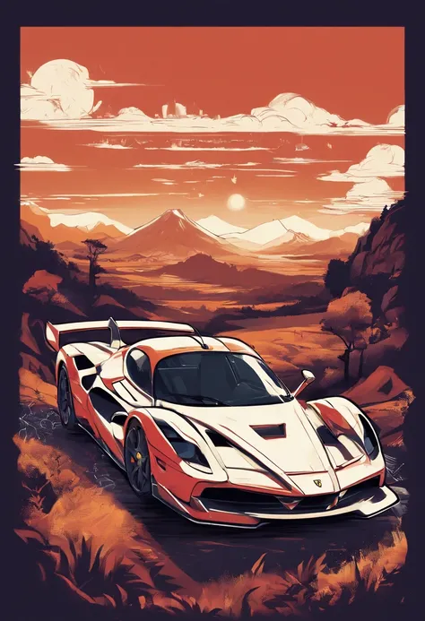 T-shirt design, genshin impact graphic, vector, a ferrari enzo with a scenic landscape in the background, detailed illustration, and retro style