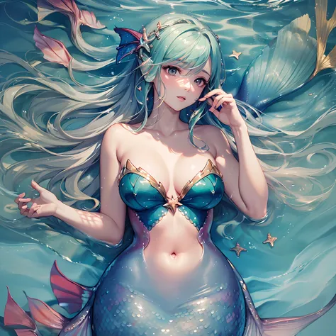 ((Finest quality)),(超A high resolution),(ultra-detailliert),(Meticulous portrayal),((Best CG)),(Finest works of art),Ultra-Precision Art,The art of astounding depiction, (mermaid:1.5), calm sea