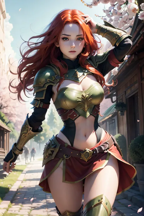 best qualtiy， tmasterpiece， Red hair，A girl fantasy warrior ， exteriors， The upper part of the body， Realistis，Floating hair， Detailed face，springtime，Green trees，Sunshine --auto