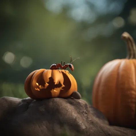 An ant lying on a Halloween pumpkin，（tmasterpiece，best qualityer：1.2），very delicate beautiful，the best lights，The best shadow，depicted as a 3 d render, stylized as a 3d render, stylized 3d render