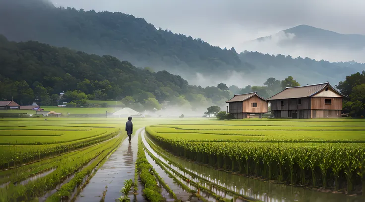 There is a man walking through a rice field, in the background is a hut with rice fields, rice fields, neat rice seedlings in the fields, misty rain, villages, agriculture, in the tranquil landscape, misty weather, in the vast peaceful landscape, in the ea...