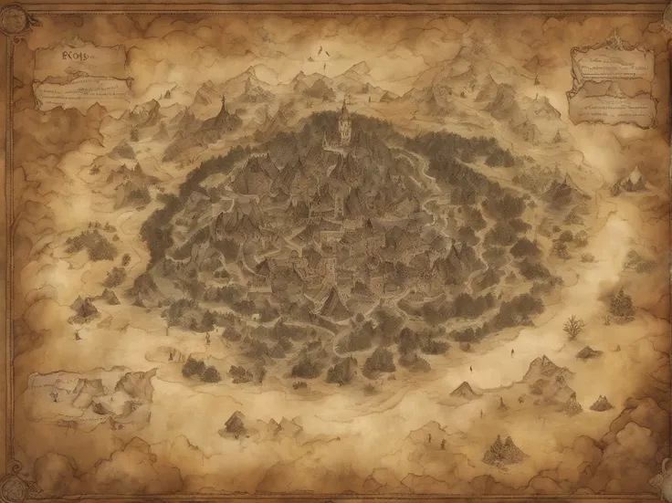 Aerial view taken from top to bottom directly from the drone, Parchment map of the mysterious continent, (Huge dark magic roots sprout from the West:1.2), (Black necrotic magic in the air:1.2), Fire, Ice and thunder, dungeons and dragons, Final Fantasy, Ga...