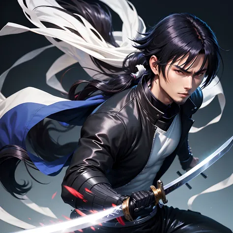 Anime Picture Gekkadan, Kusanagi, Black Hair, White Mesh, Sword Bearer, Man Long Ponytail, Samurai, Wind, Blue Yokatana, Handsome Hair, One White Night, Holding a Sword